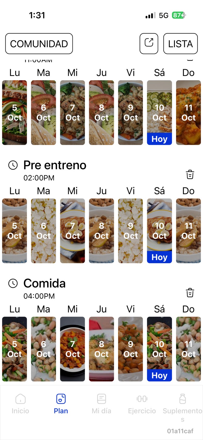 App de Avena: el plan de la semana, con la foto de cada comida por día (pre entreno y comida).